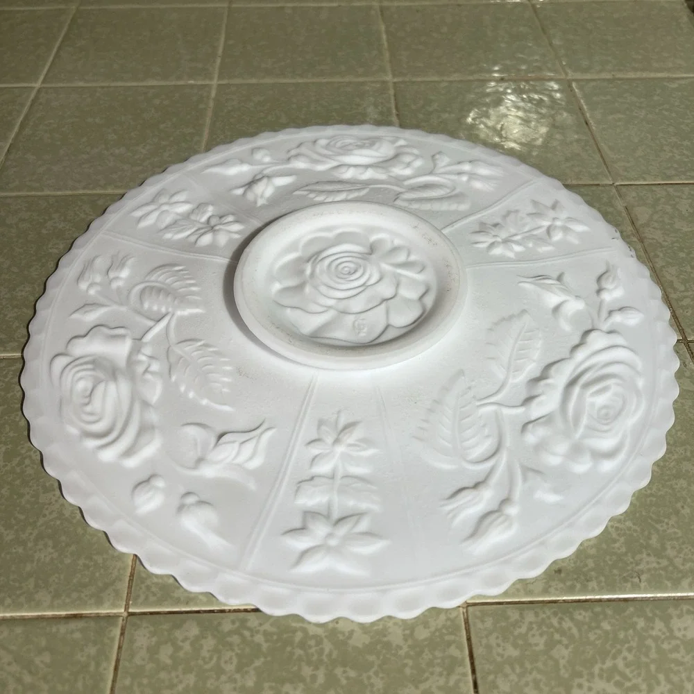 Vintage Imperial Satin Milk Glass Cake, Buffet Plate Raised Roses Excellent 11